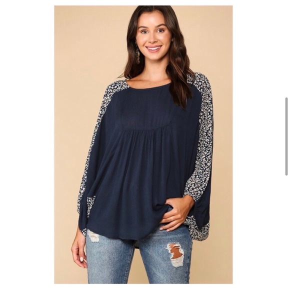 Navy Dolman Leopard Print Blouse - Picture 3 of 5